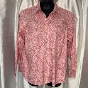 Lands’ End Women’s 20W Pink White Floral Microprint No Iron Pinpoint Oxford Top